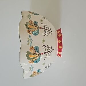 Dutch Wax Coastline handpainted peacock fan feathers scalloped footed bowl